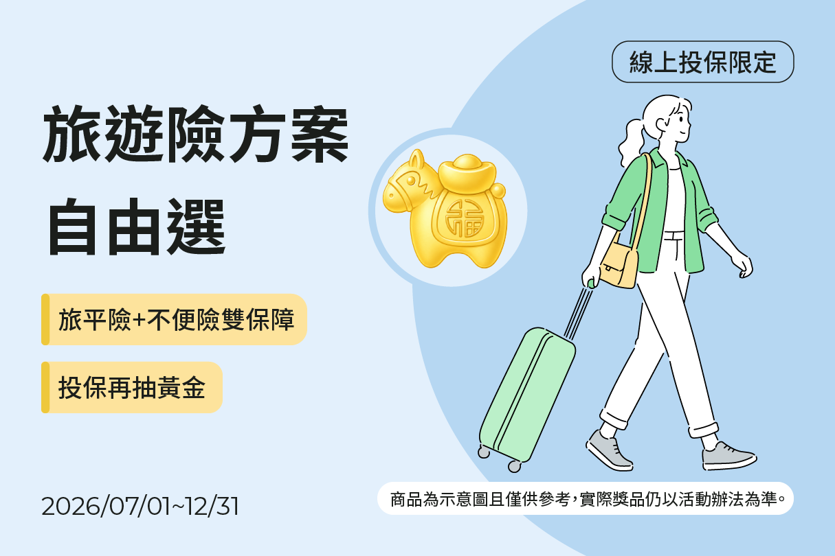 線上投保海外旅遊險抽黃金！示意圖